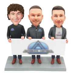 custom made bobbleheads figures company partners team holding a board of company logo
