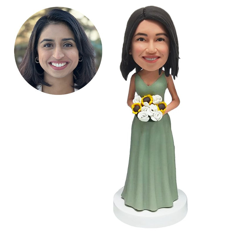 personalised bobblehead figure pretty bridesmaid lady holding flowers