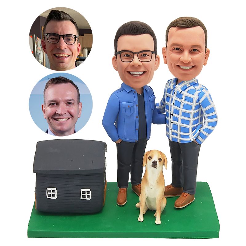 customized bobble heads figures couple friends with a pet and a house